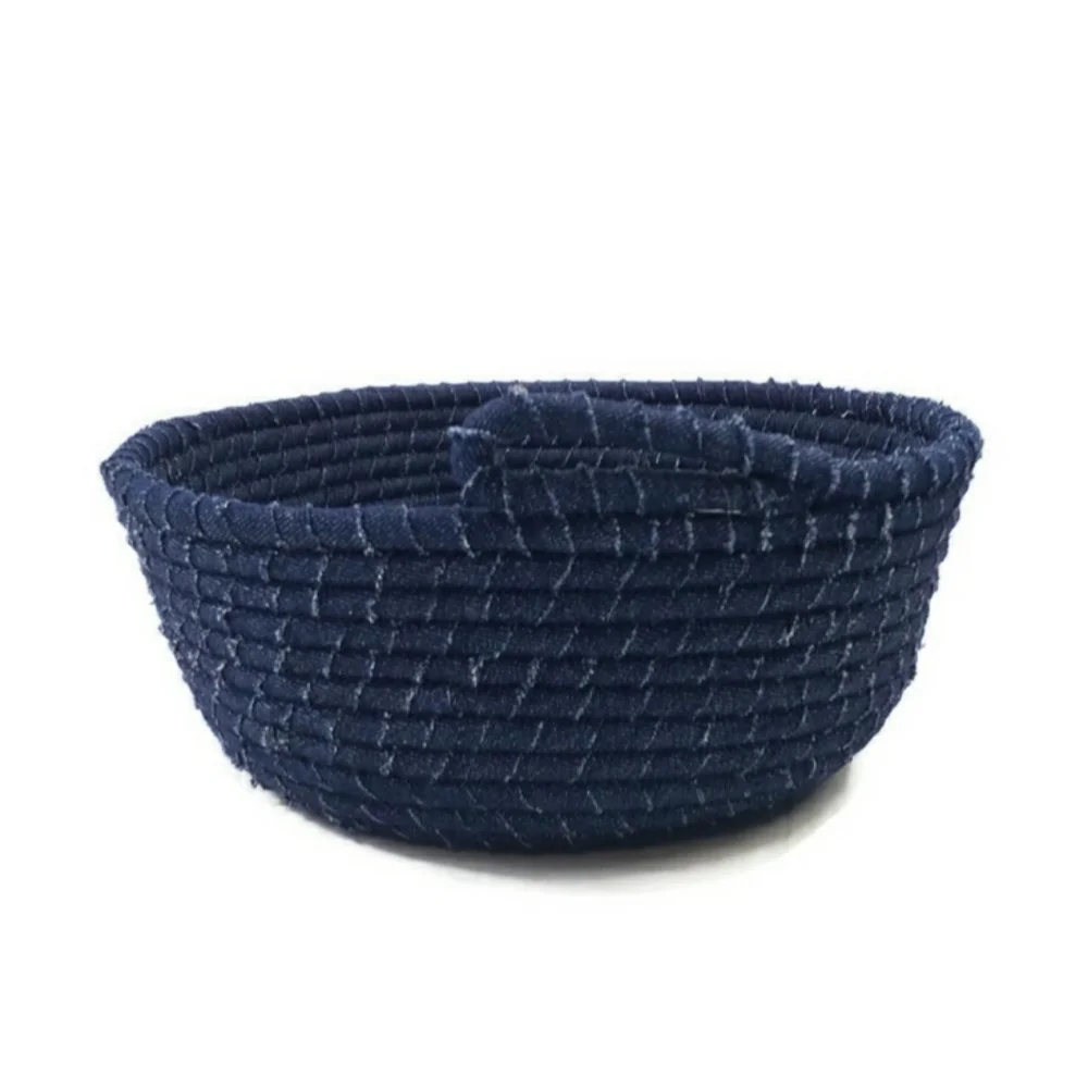 Handmade Upcycled Denim Coiled Rope Bowl Dark Wash Storage Basket Medium